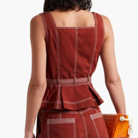 Ulla Johnson Denia Belted Topstitched Cotton-Twill Peplum Top Size: 4 - Picture 3 of 7